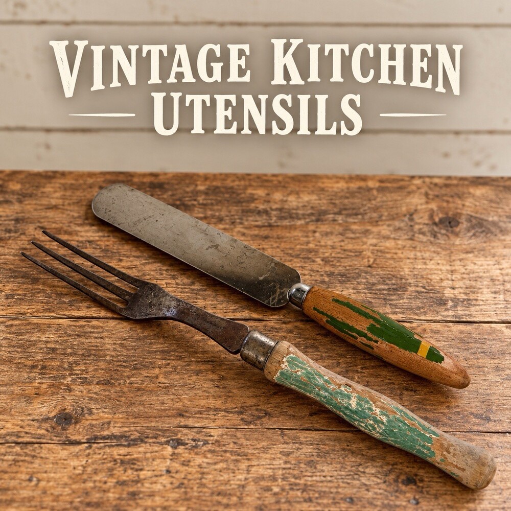 Vintage Green Painted Wood Handle Kitchen Utensils Fork Spatula Rustic 2pc